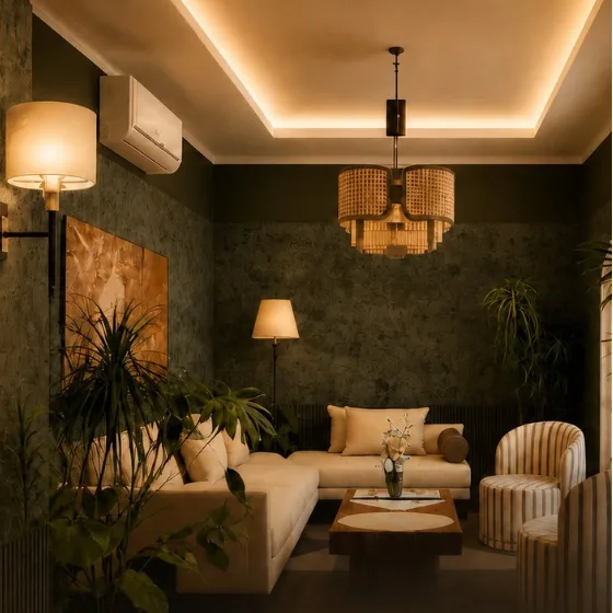 A dark-green living room at night, lit by warm wall lamps, a pendant and a cove light.