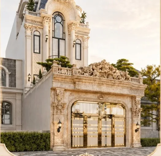 An ornate villa gate in gold and glass at dusk.