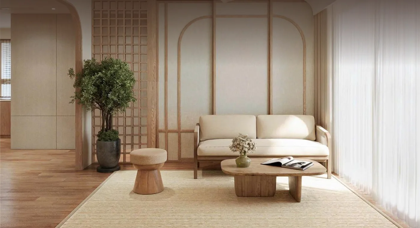 A calm Japandi apartment living room in oak and linen with a shoji screen and a bonsai.