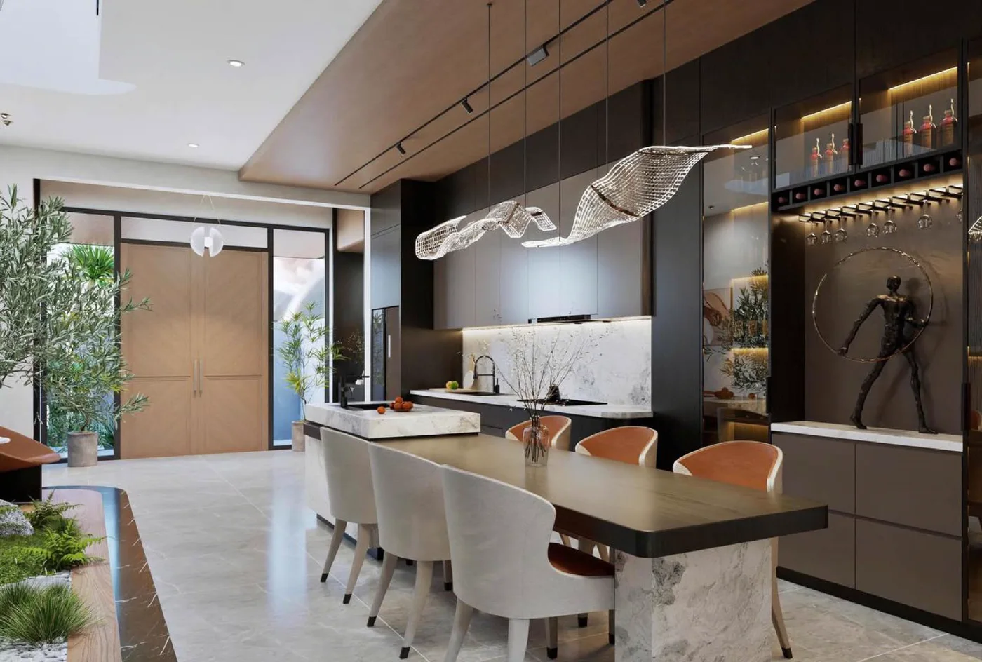 A modern townhouse kitchen and dining room in dark timber and marble, under a sculptural glass pendant, with an indoor garden.