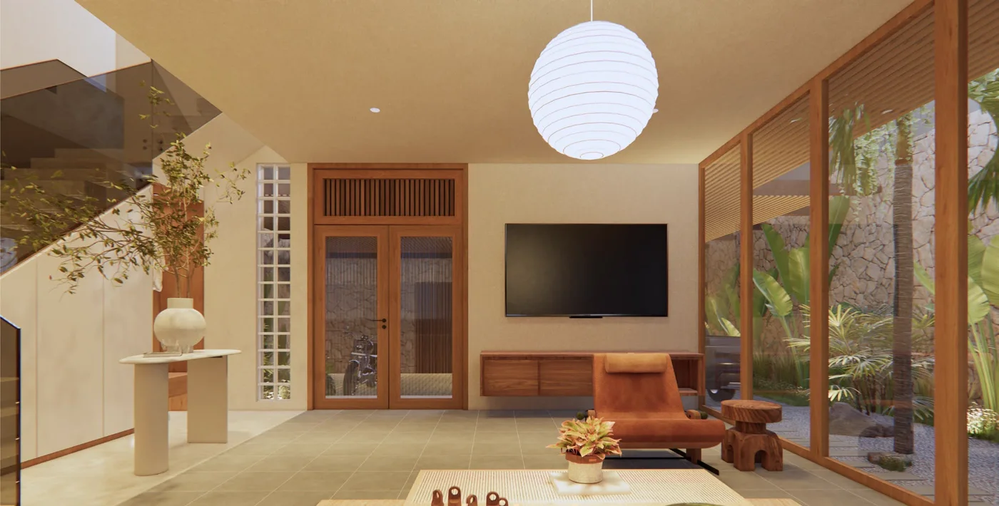 A double-height tropical living room in warm timber, glass walls opening onto a planted courtyard.