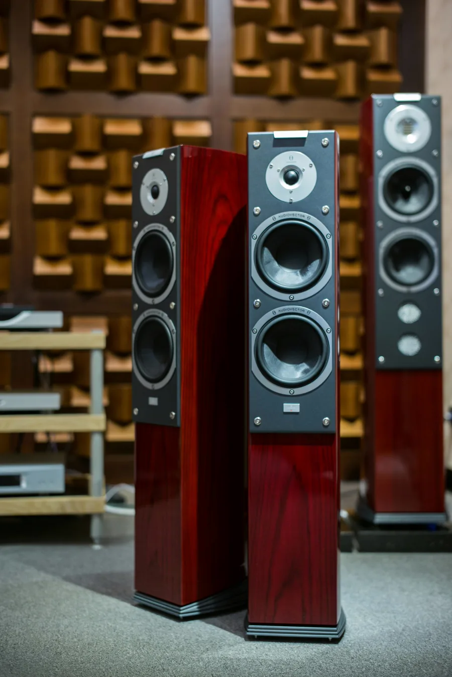 Three floor-standing speakers in rosewood.