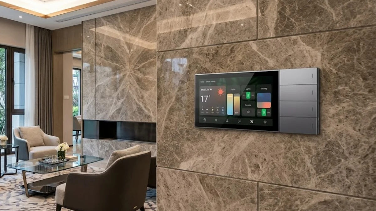A MobiLife Nature 7 Pro wall panel with four grey keys, mounted on a book-matched marble wall in a villa living room.